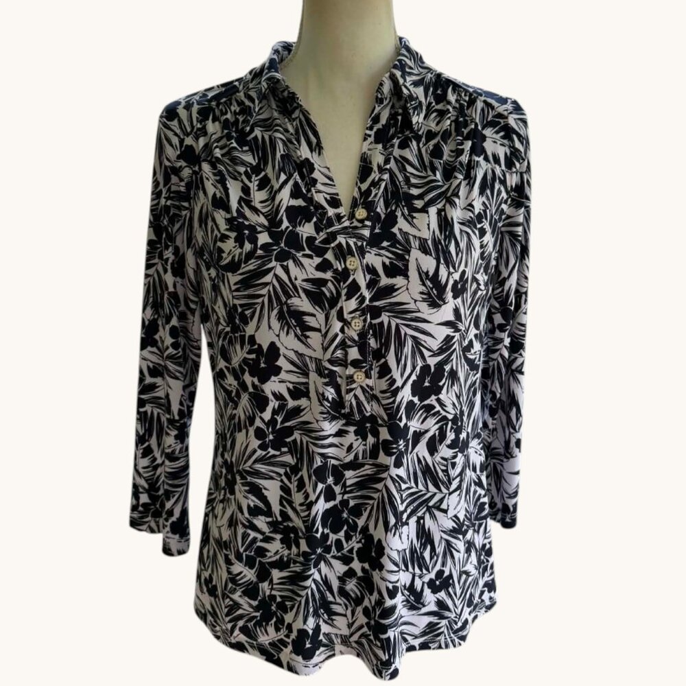 CHARTER CLUB Black and White Stretch Print Blouse